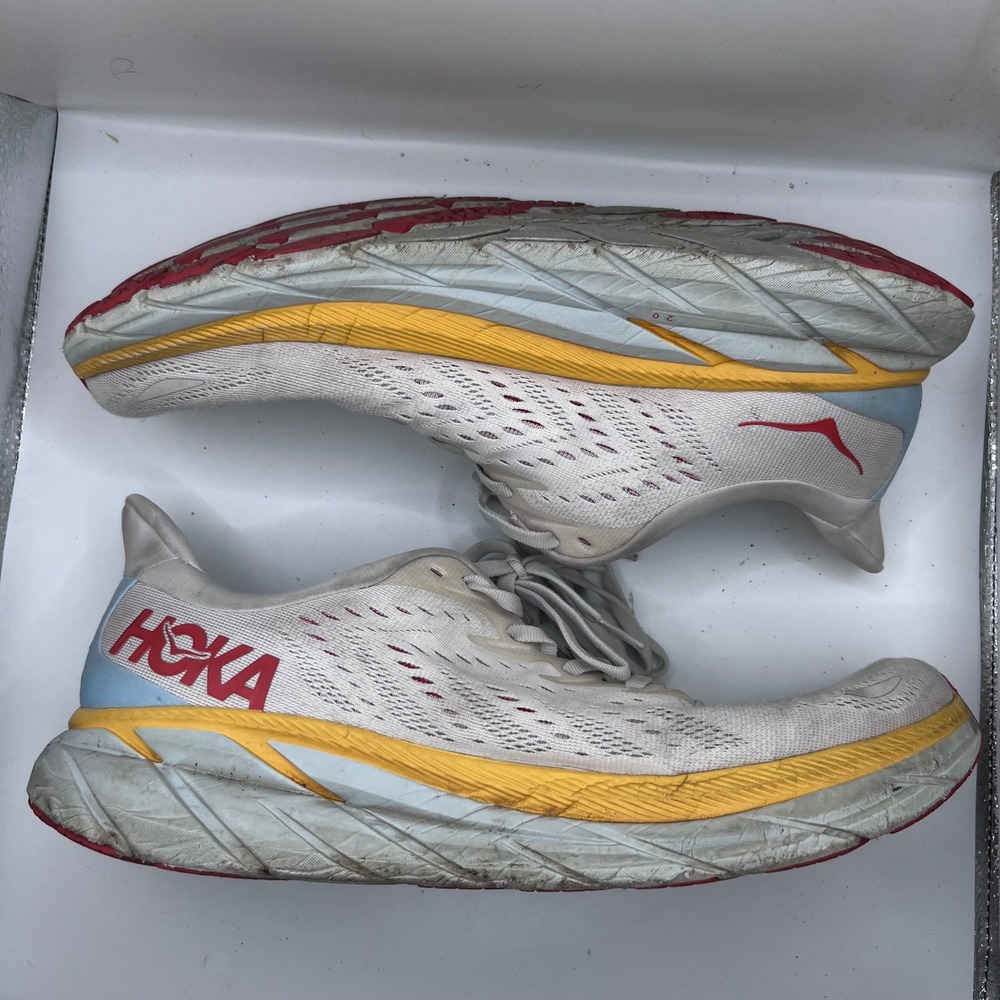 Hoka Clifton 8 Running Shoes Mens 13 White Yellow Red Cushioned Athletic Sneaker